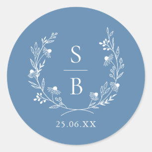 Royal Blue Botanisk Monogram Krans Bröllop Runt Klistermärke