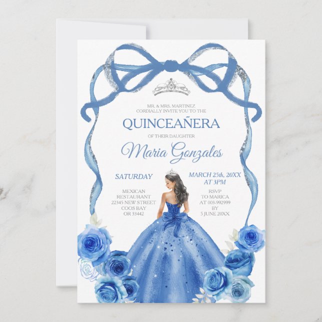 Royal Blue Bow Princess Silver Krona Quinceañera Inbjudningar (Framsida)