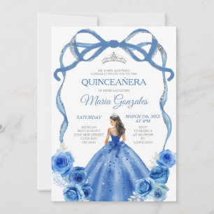 Royal Blue Bow Princess Silver Krona Quinceañera Inbjudningar
