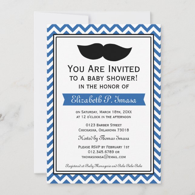 Royal Blue Boy Mustache Chevron Baby Shower Inbjudningar (Framsida)