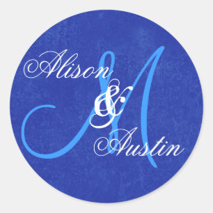 ROYAL BLUE Bröllop Anpassningsbar Monogram D721 Runt Klistermärke
