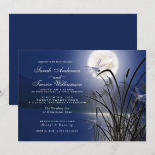 Royal Blue Bröllop Full Moon Dragonfly Pond Inbjudningar