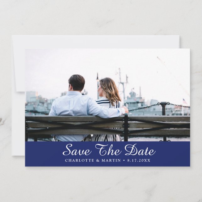 Royal Blue Bröllop Photo Save Date Card Spara Datumet (Framsida)