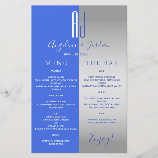 Royal Blue Bröllop Pub Menu (Framsida)