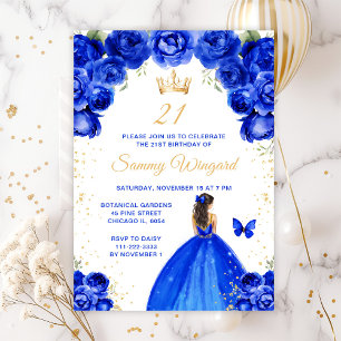 Royal Blue Brunett Hår Prinsessa Födelsedagsfest Inbjudningar