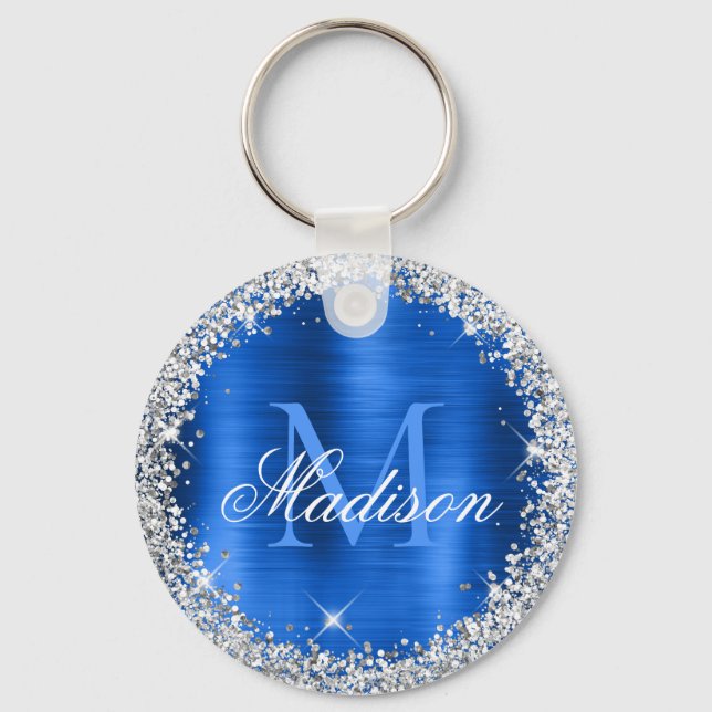 Royal Blue Brushed Metall Silver Glitter Monogram Nyckelring (Framsida)