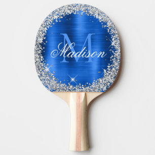 Royal Blue Brushed Metall Silver Glitter Monogram Pingisracket