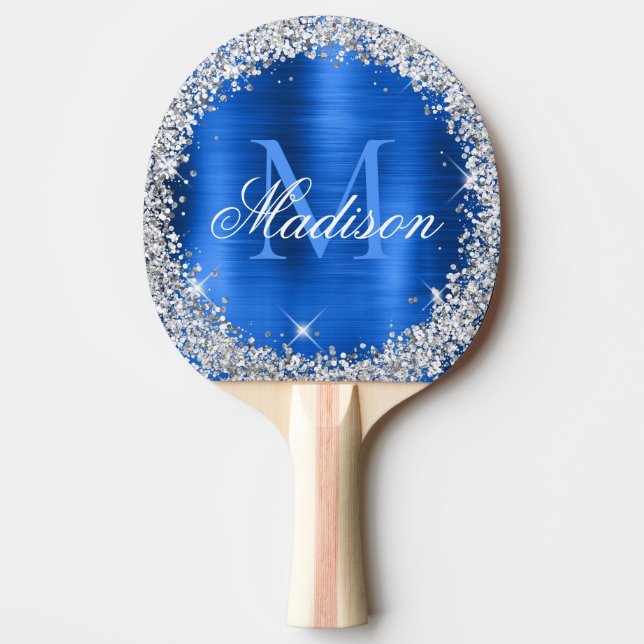 Royal Blue Brushed Metall Silver Glitter Monogram Pingisracket (Framsidan)