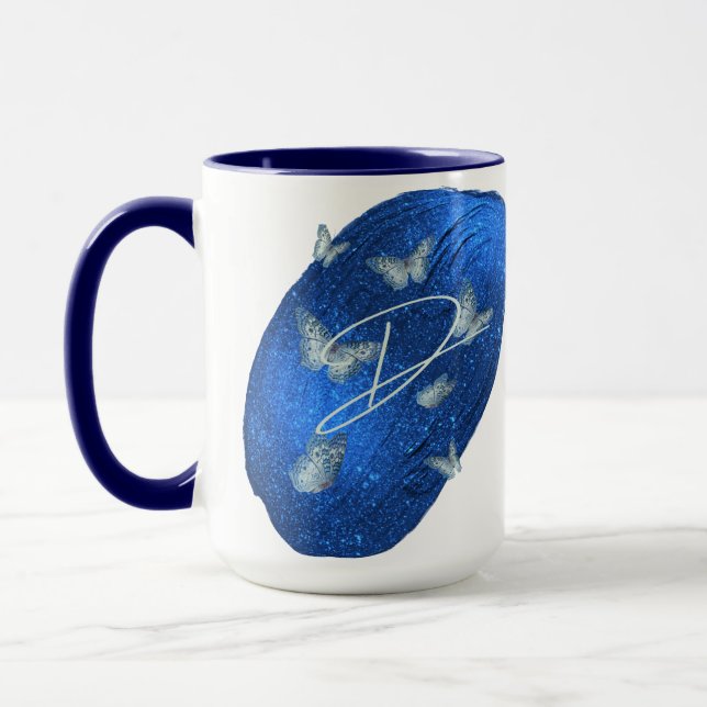 Royal Blue Butterflies Initialer Brev D Monogram Mugg (Vänster)