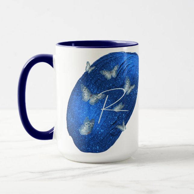 Royal Blue Butterflies Initialer Brev R Monogram Mugg (Vänster)
