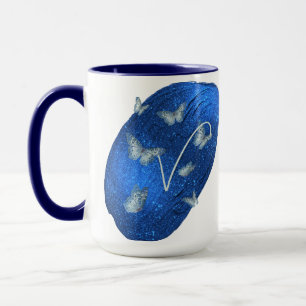 Royal Blue Butterflies Initialer Brev V Monogram Mugg