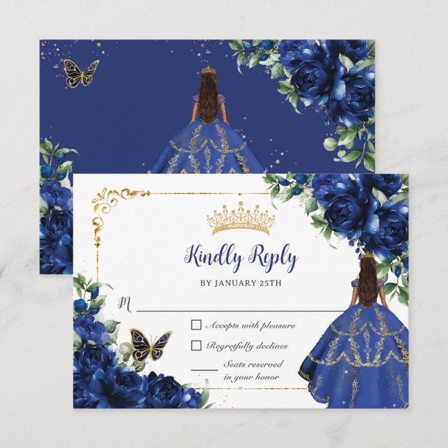 Royal Blue Butterflies Princess Guld Quinceañera OSA Kort (Fram/baksida)