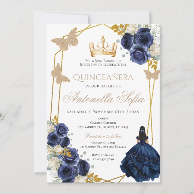 Royal Blue Butterflies Quinceanera-inbjudan Inbjudningar (Framsida)