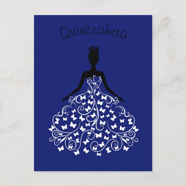 Royal Blue Butterfly Gown Quinceanera-inbjudan Inbjudan Vykort (Framsida)