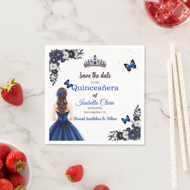 Royal Blue Butterfly Quinceañera Save the Date Pappersservett (Insitu)