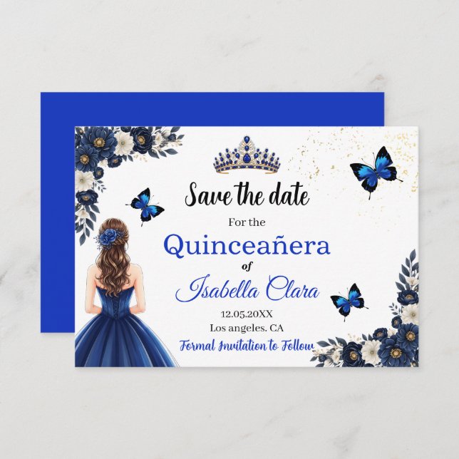 Royal Blue Butterfly Quinceañera Save the Date Spara Datumet (Fram/baksida)
