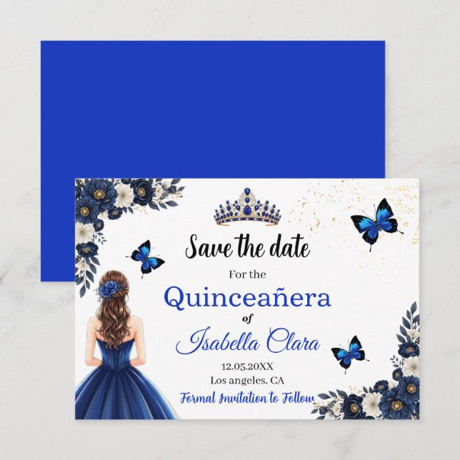Royal Blue Butterfly Quinceañera Spara Datum Datumet (Fram/baksida)