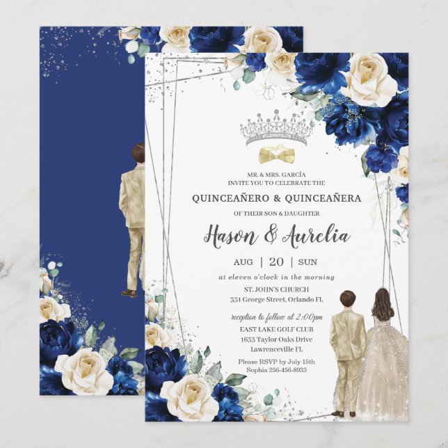 Royal Blue Champagne Twillingars Boy Quinceañera Inbjudningar (Fram/baksida)