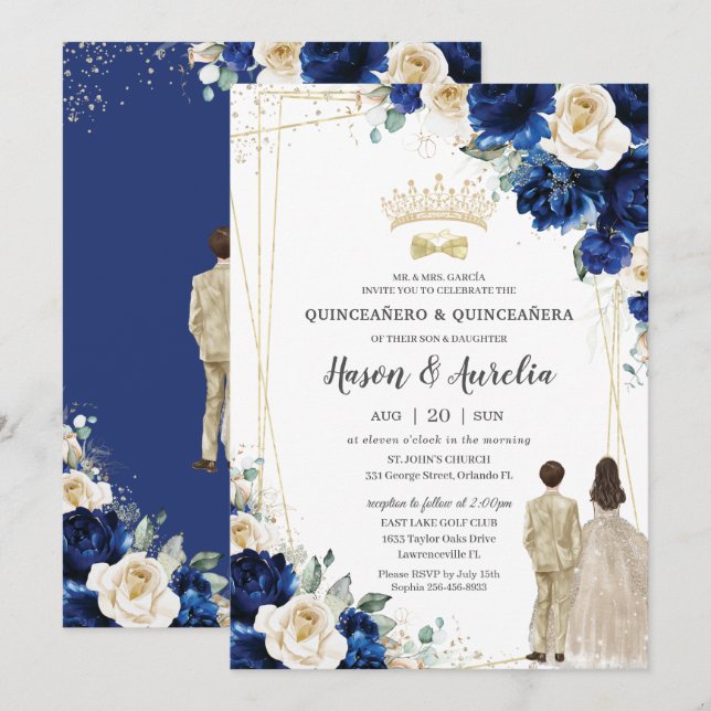 Royal Blue Champagne Twillingars Boy Quinceañera Inbjudningar (Fram/baksida)