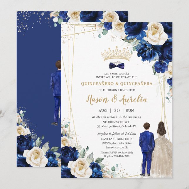Royal Blue Champagne Twillingars Boy Quinceañera Inbjudningar (Fram/baksida)