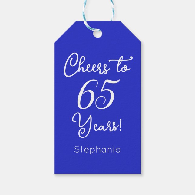 Royal Blue Cheers till 65 års 65e Birthday Favor Presentetikett (Framsidan)