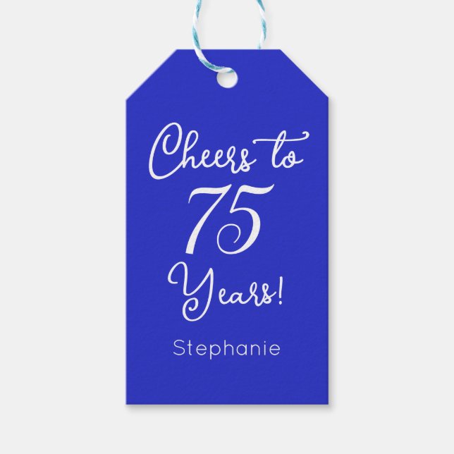 Royal Blue Cheers till 75 år 75:e Birthday Presentetikett (Framsidan)