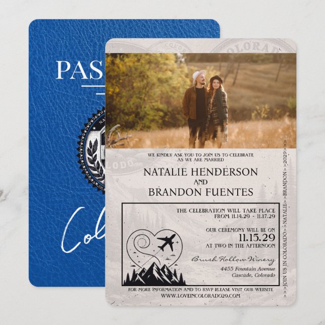 Royal Blue Colorado Passport Bröllop Inbjudningar (Fram/baksida)