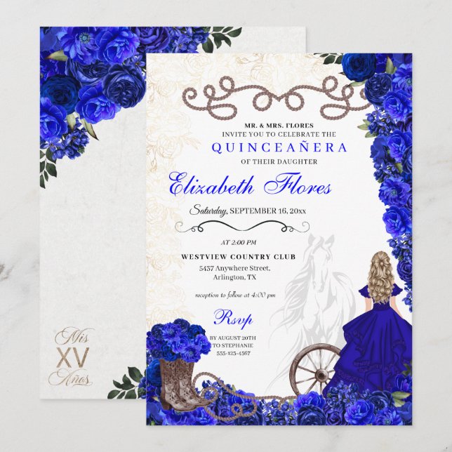 Royal Blue Cowgirl Ranchero Western Quinceanera Inbjudningar (Fram/baksida)