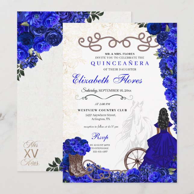 Royal Blue Cowgirl Ranchero Western Quinceanera Inbjudningar (Fram/baksida)