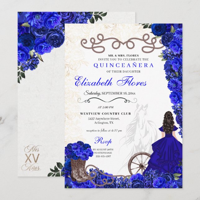 Royal Blue Cowgirl Ranchero Western Quinceanera Inbjudningar (Fram/baksida)