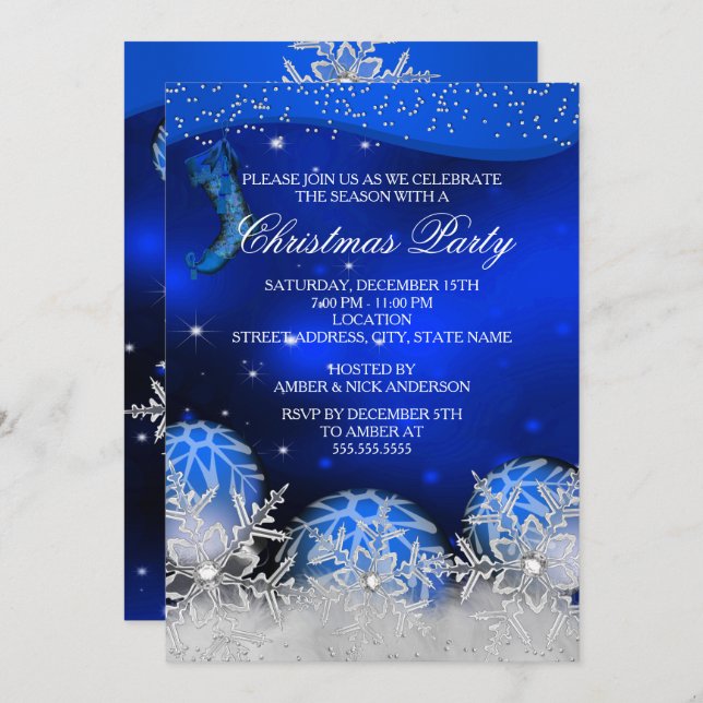 Royal Blue Crystal Snowflake jul Party Inbjudningar (Fram/baksida)
