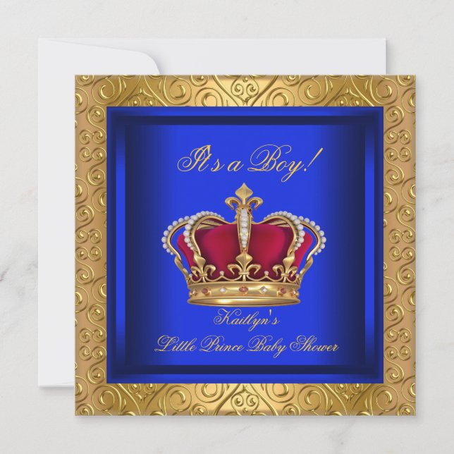 Royal Blue Damask Guld Baby Shower Boy Inbjudningar (Framsida)