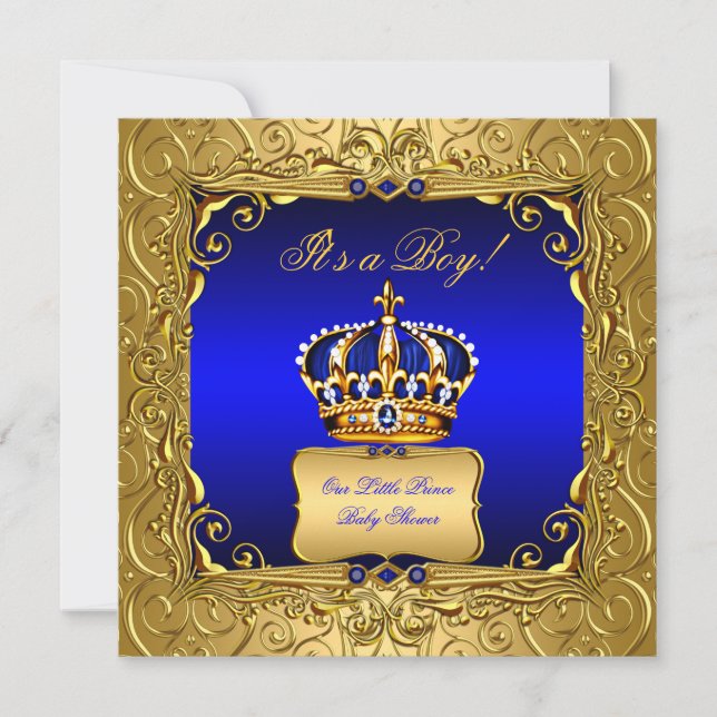 Royal Blue Damask Guld Krona Baby Shower Boy4 Inbjudningar (Framsida)