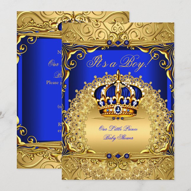 Royal Blue Damask Guld Krona Baby Shower Boy 6 Inbjudningar (Fram/baksida)