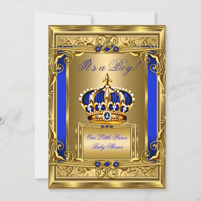 Royal Blue Damask Guld Krona Baby Shower Boy bg4 Inbjudningar (Framsida)