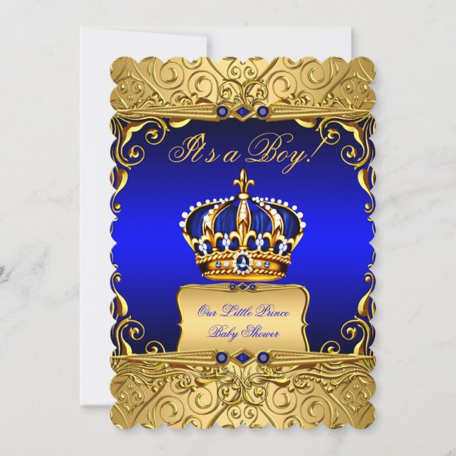 Royal Blue Damask Guld Krona Baby Shower Boy bs3 Inbjudningar (Framsida)