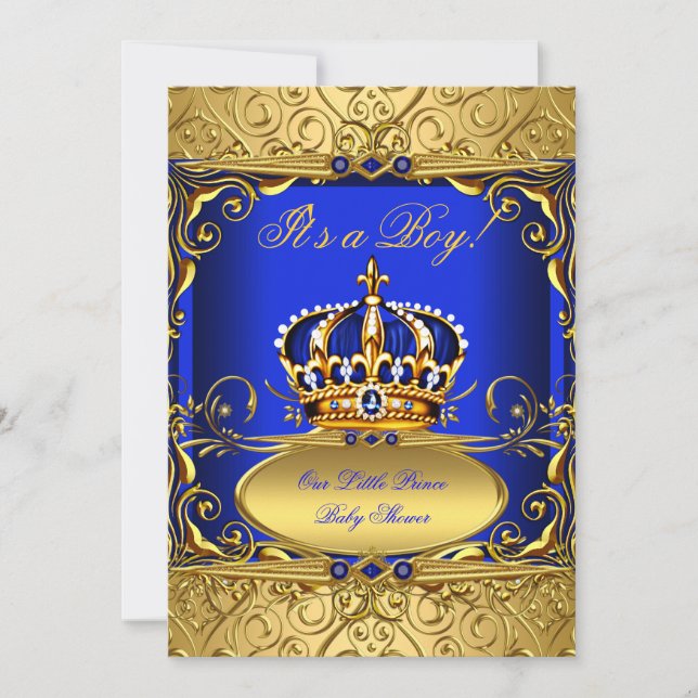 Royal Blue Damask Guld Krona Baby Shower Boy RB2 Inbjudningar (Framsida)