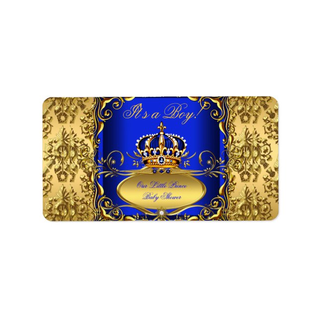 Royal Blue Damask Guld Krona Baby Shower Boy RB3 Adressetikett (Framsidan)
