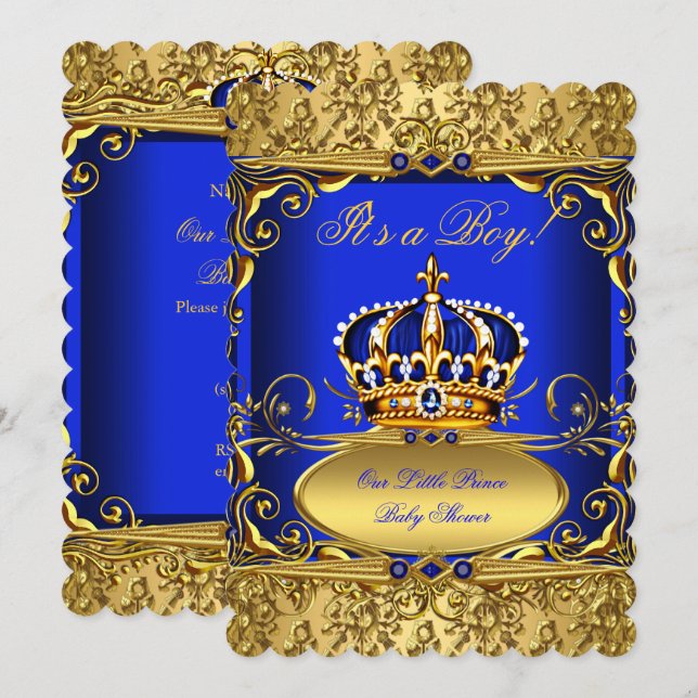 Royal Blue Damask Guld Krona Baby Shower Boy RB3 Inbjudningar (Fram/baksida)