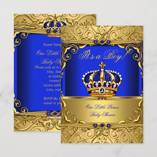 Royal Blue Damask Guld Krona Baby Shower Boy SMALL Inbjudningar (Fram/baksida)
