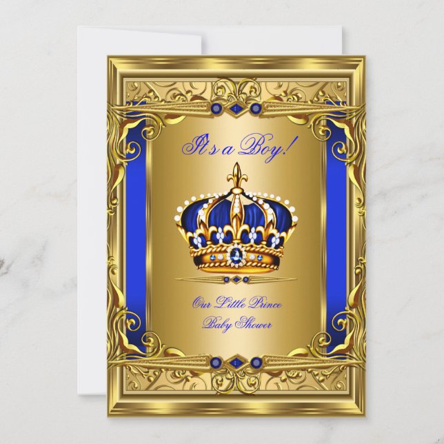 Royal Blue Damask Guld Krona Baby Shower Pojke bg5 Inbjudningar (Framsida)