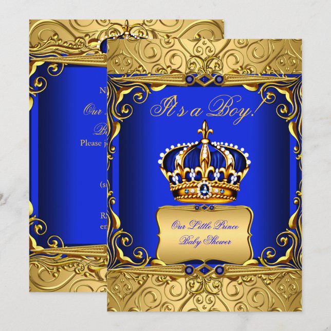 Royal Blue Damask Guld Krona Baby Shower Pojke bs2 Inbjudningar (Fram/baksida)