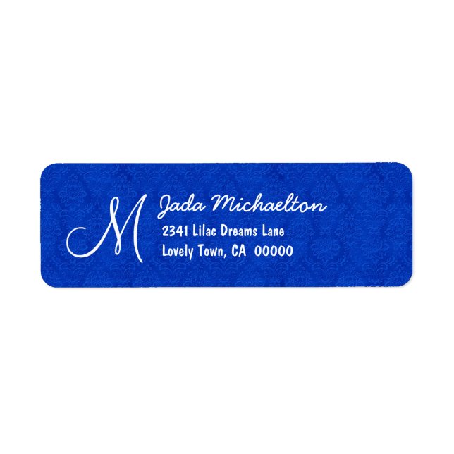 Royal Blue Damask Monogram M eller någon initial M Returadress Etikett (Framsidan)