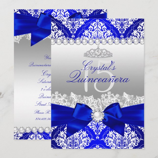 Royal Blue Damask Pearl Bow Quinceanera Inbjudan (Fram/baksida)