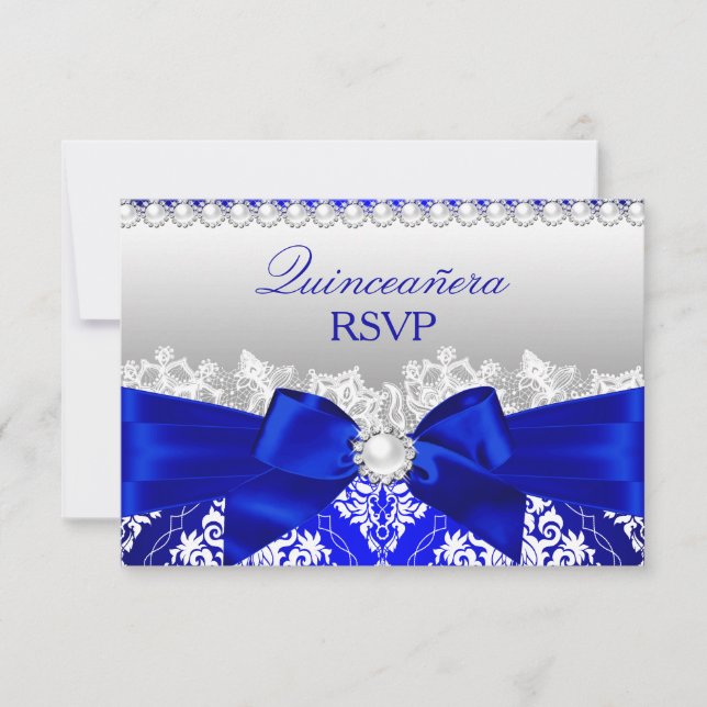 Royal Blue Damask & Pearl Bow Quinceanera-svar OSA Kort (Framsida)