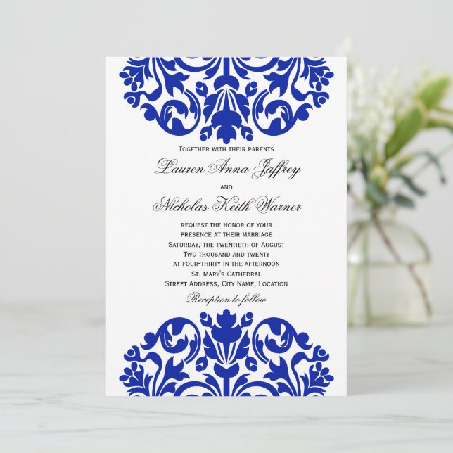 Royal Blue Damask Wedding Inbjudningar (Stående Fram)