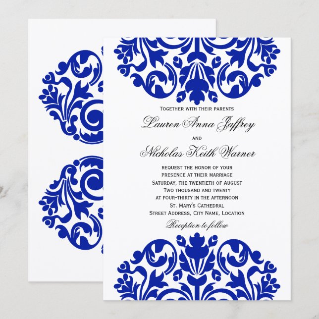 Royal Blue Damask Wedding Inbjudningar (Fram/baksida)