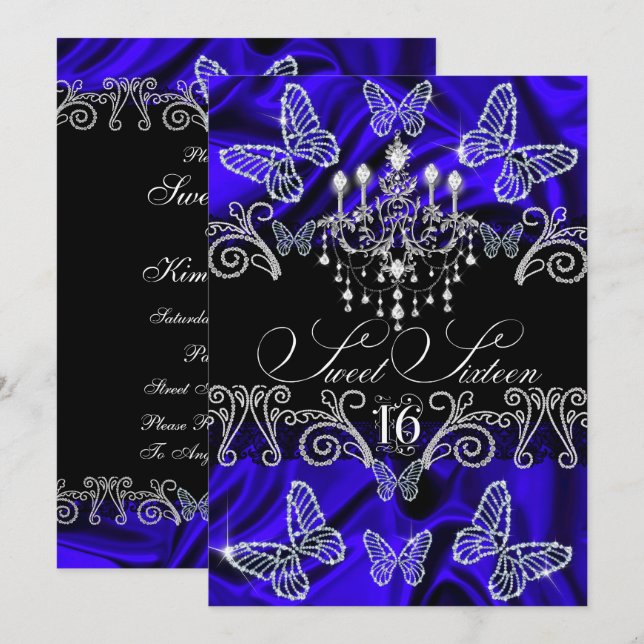 Royal Blue Diamond Butterfly Sweet sixteen Inbjuda Inbjudningar (Fram/baksida)