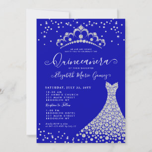 Royal Blue Diamond Gnistra Tiara Gown Quinceanera Inbjudningar