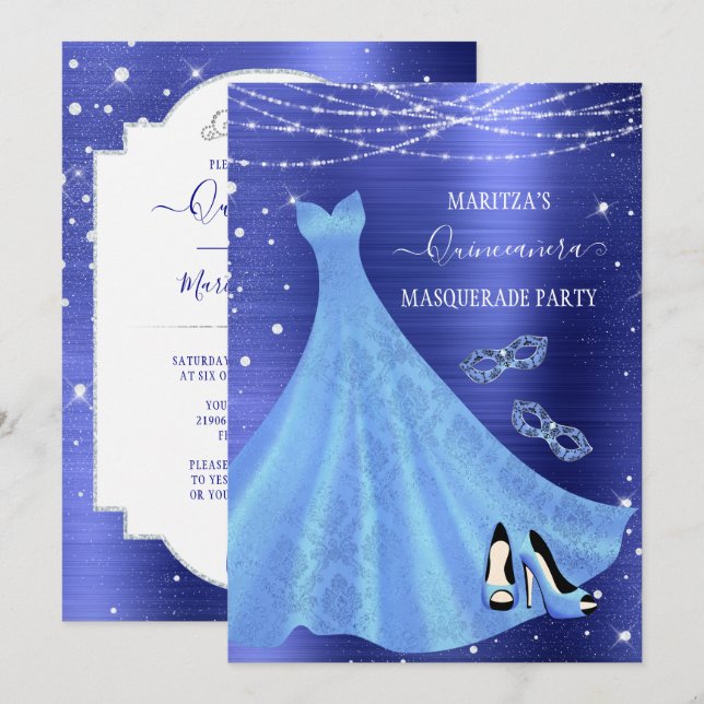 Royal Blue Diamond MasqueraQuinceañera Inbjudningar (Fram/baksida)